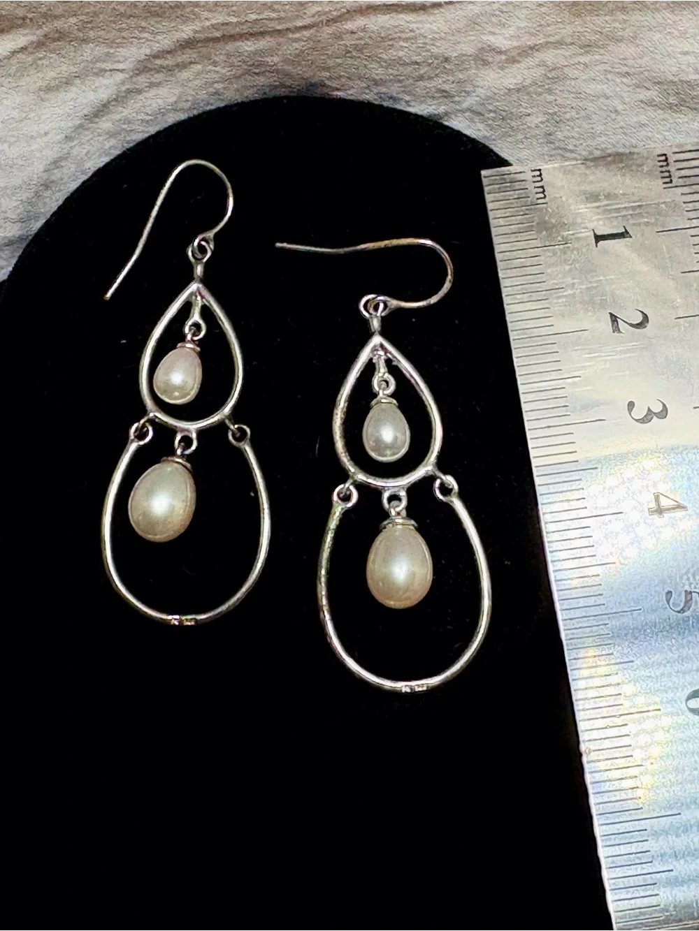 Vintage Sterling Silver Double Teardrop Pearl Dangle Earrings - White Pearls